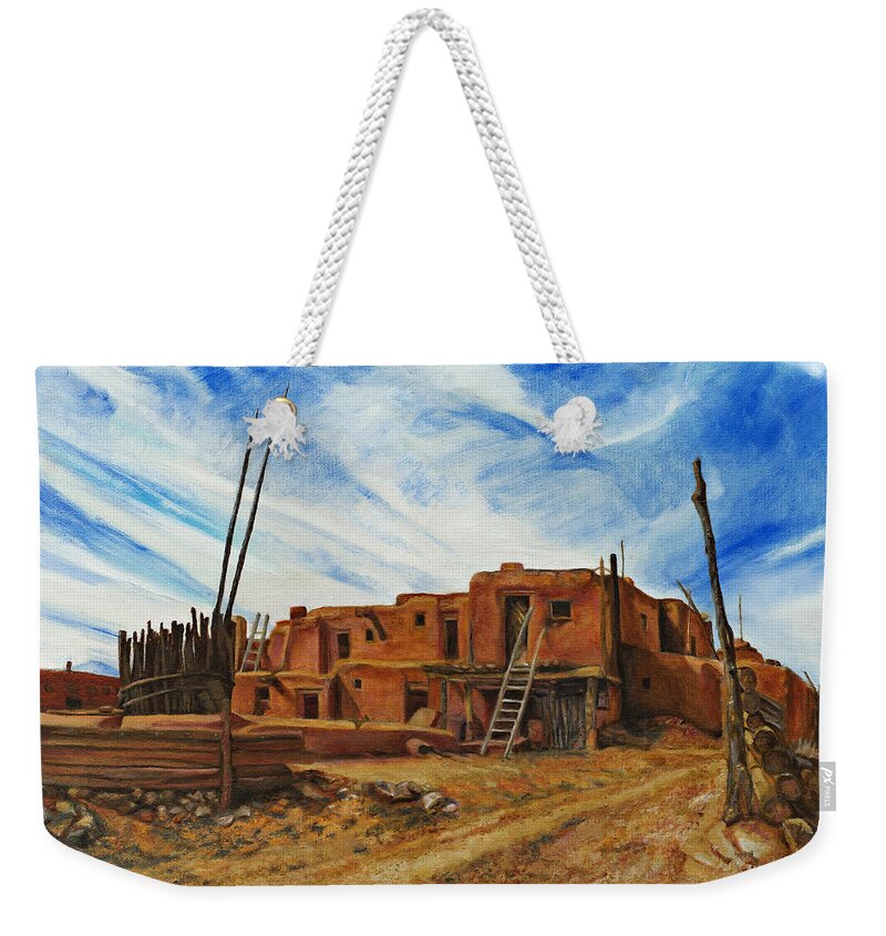 Adobe Living Weekender Tote Bag featuring the painting Desert Village New Mexico by Kathy Knopp