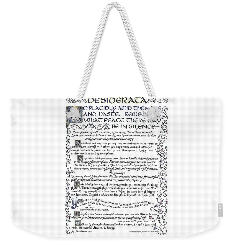 Desiderata Weekender Tote Bag featuring the drawing Desiderata-blue by Jacqueline Shuler