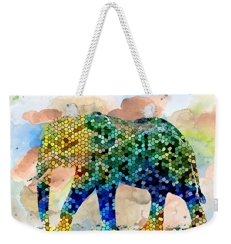 Mosaic Weekender Tote Bag featuring the painting Design 37 Mosaic Elephant by Lucie Dumas