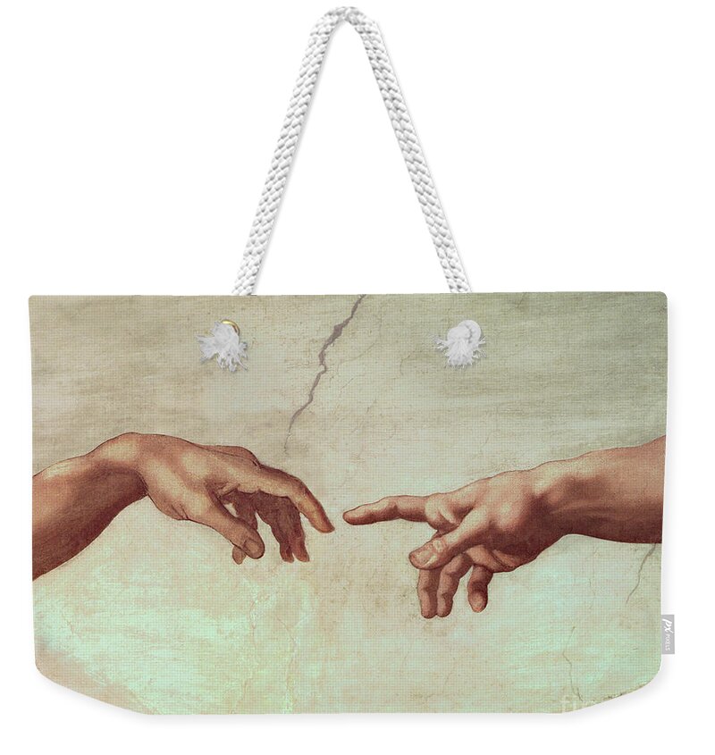 Hands Weekender Tote Bag featuring the painting Detail from The Creation of Adam by Michelangelo