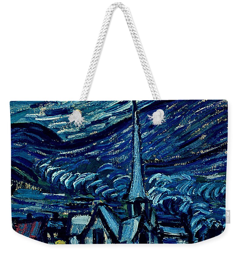 Post-impressionist;stars;star;nocturne;landscape;church Spire;moon;moonlight;tree;sky;cosmic;st;remy;provence;french;saint-remy;post-impressionism Weekender Tote Bag featuring the painting Detail of The Starry Night by Vincent Van Gogh