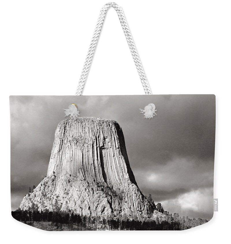 Devil Weekender Tote Bag featuring the photograph Devil's Tower Black and White by Nicholas Blackwell