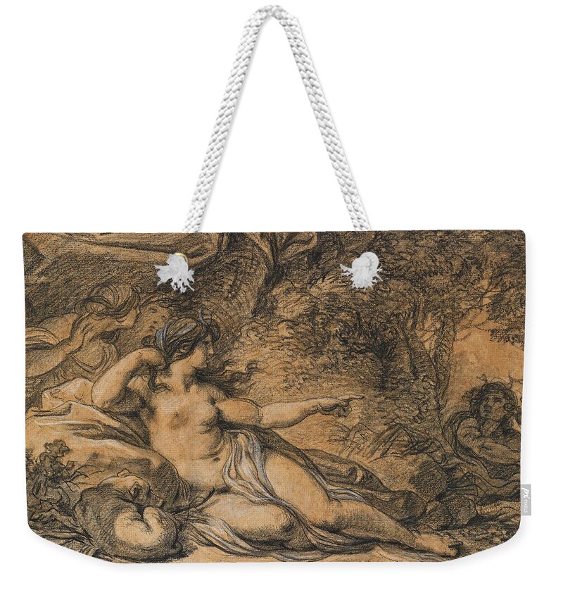 Francois-andre Vincent Weekender Tote Bag featuring the drawing Diana and Actaeon by Francois-Andre Vincent