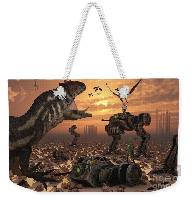 Digitally Generated Image Weekender Tote Bag featuring the digital art Dinosaurs And Robots Fight A War by Mark Stevenson