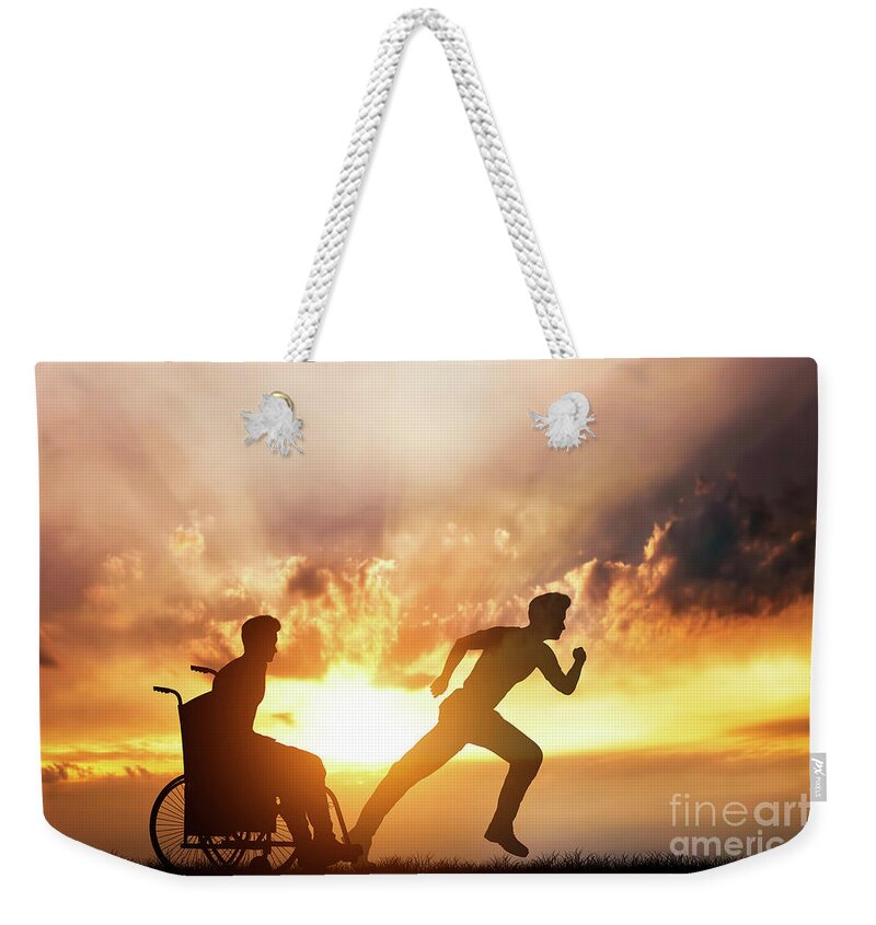 Man Weekender Tote Bag featuring the photograph Disabled man in a wheelchair dreaming of running by Michal Bednarek