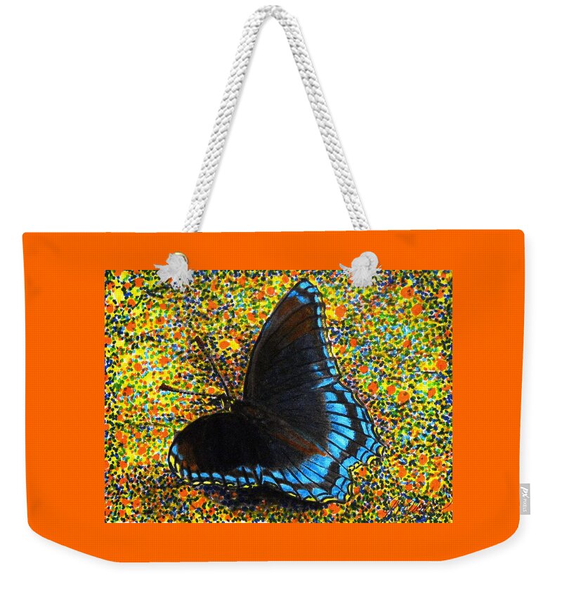 Blue Morph Butterfly Weekender Tote Bag featuring the drawing Discovery by Angela Davies