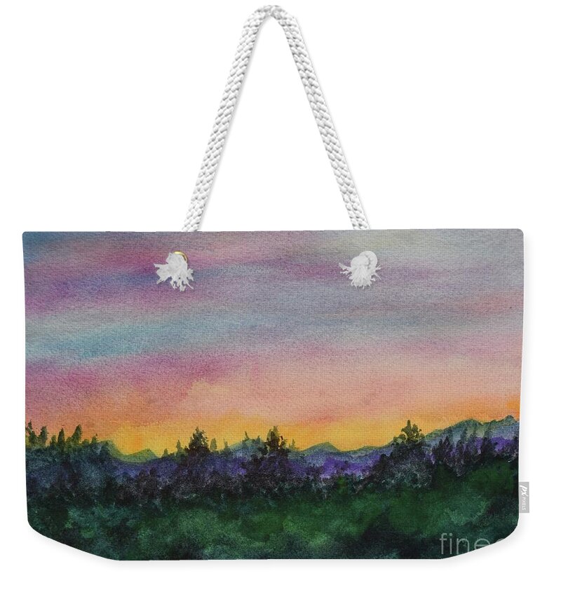 Barrieloustark Weekender Tote Bag featuring the painting Distant Sunset by Barrie Stark