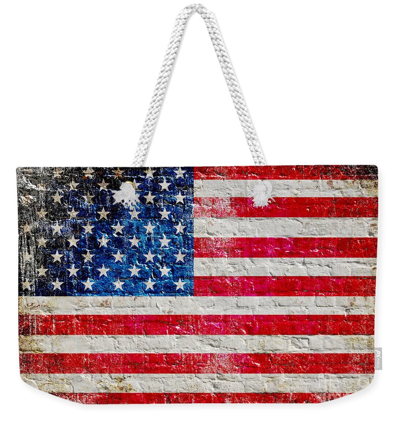 Wall Weekender Tote Bag featuring the digital art Distressed American Flag On Old Brick Wall - Horizontal by M L C