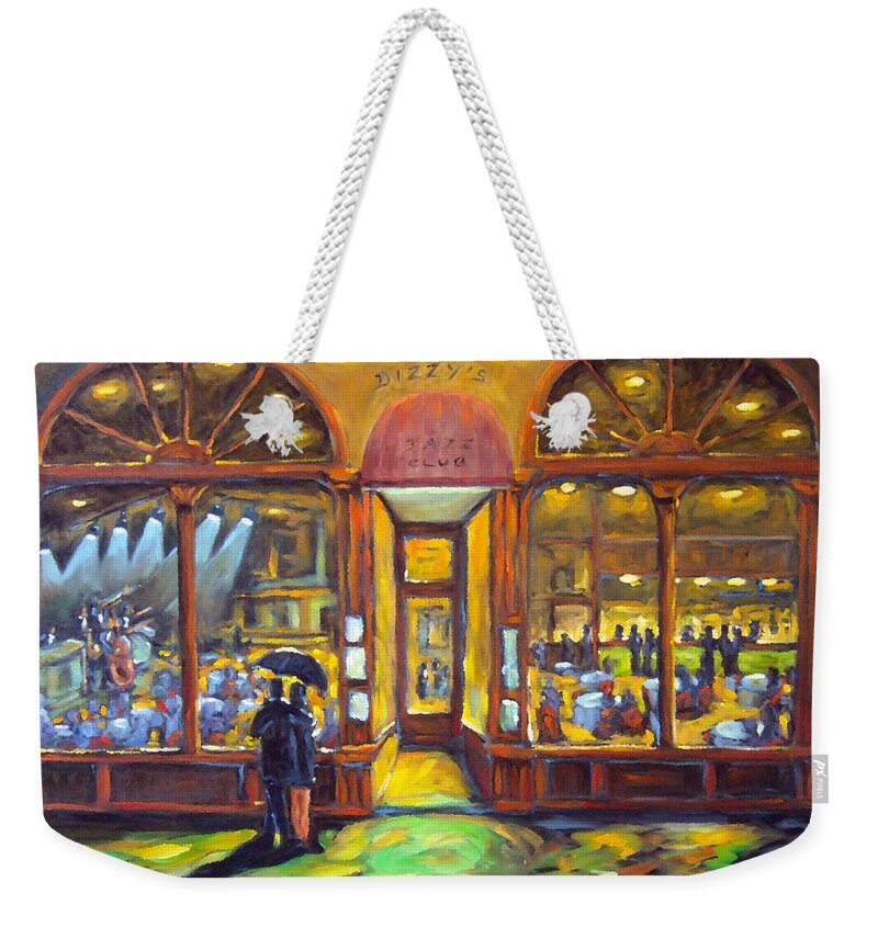 Town Weekender Tote Bag featuring the painting Dizzy s Jazz Club by Richard T Pranke