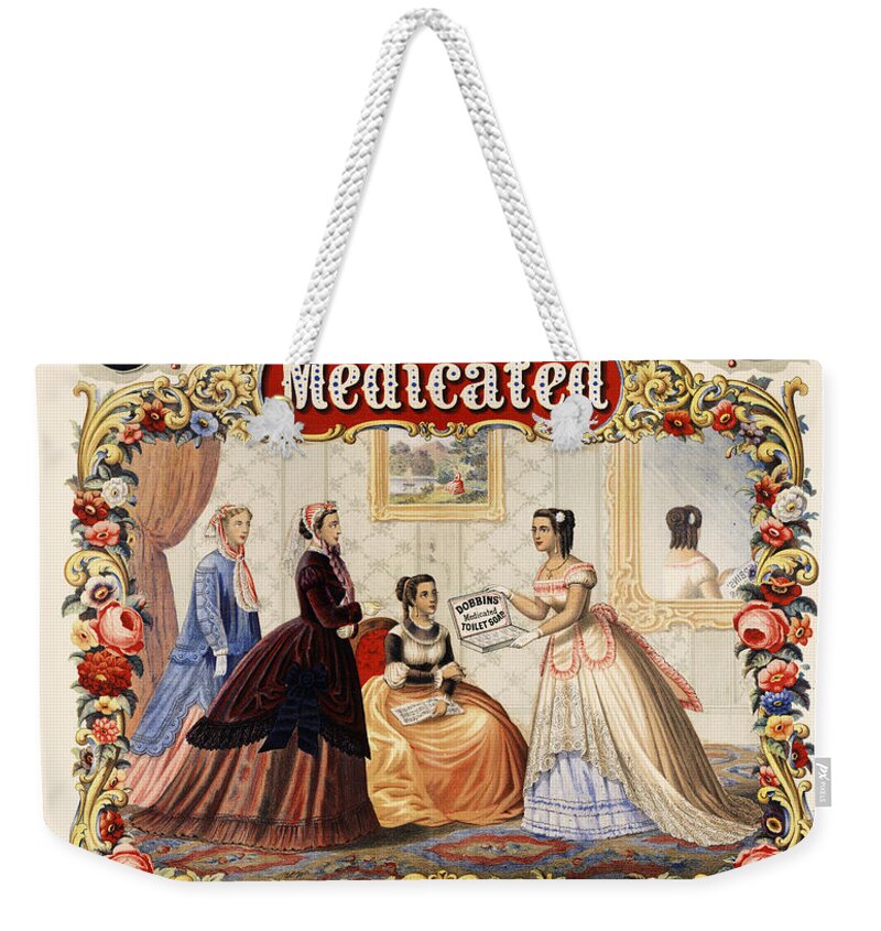 Soap Advertising Weekender Tote Bag featuring the painting Dobbins medicated toilet soap advertising 1869 by Vincent Monozlay