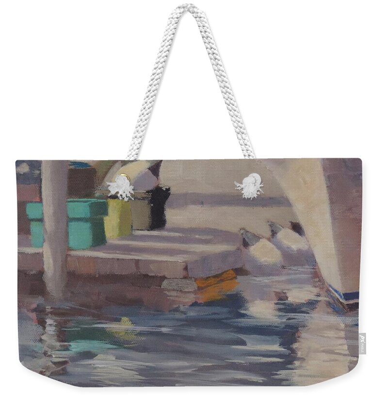 Dockside Shadows Weekender Tote Bag featuring the painting Dockside Shadows - Art by Bill Tomsa by Bill Tomsa