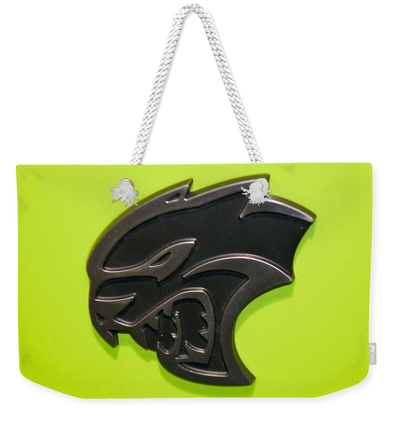 Hellcat Weekender Tote Bag featuring the photograph Dodge Challenger SRT Hellcat Emblem by Pamela Walrath