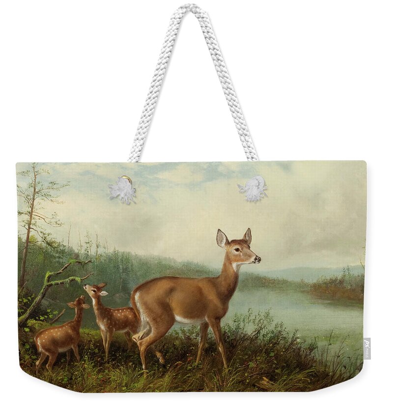 Arthur Fitzwilliam Tait (18191905) Doe And Fawns By Long Lake Weekender Tote Bag featuring the painting Doe and Fawns by Long Lake by MotionAge Designs