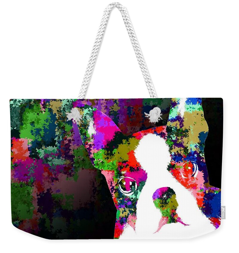 Dog Weekender Tote Bag featuring the painting Dog 135 Black background by Lucie Dumas