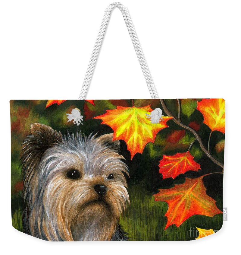 Dog Weekender Tote Bag featuring the painting Dog 78 Yorkshire by Lucie Dumas