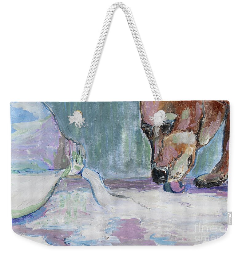 Dog Weekender Tote Bag featuring the photograph Dog and Spilled Milk by Jeanne Forsythe