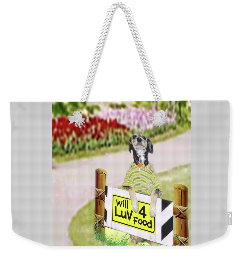 Dog Weekender Tote Bag featuring the mixed media Dog Love - Will Love for Food - Tuinki by Gabby Dreams