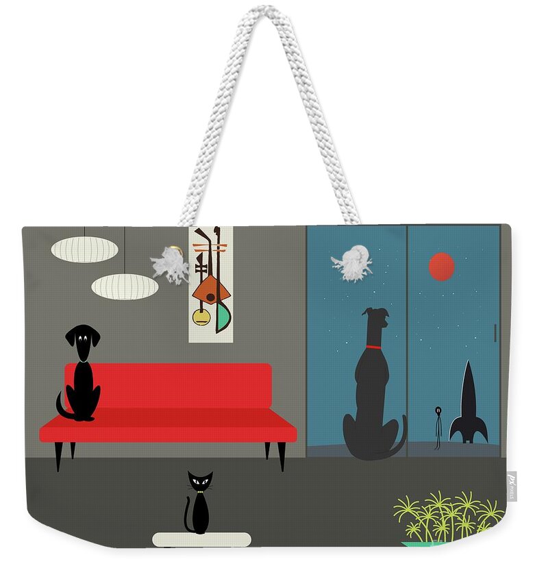 Mid Century Modern Weekender Tote Bag featuring the digital art Dog Spies Alien Gray Room by Donna Mibus
