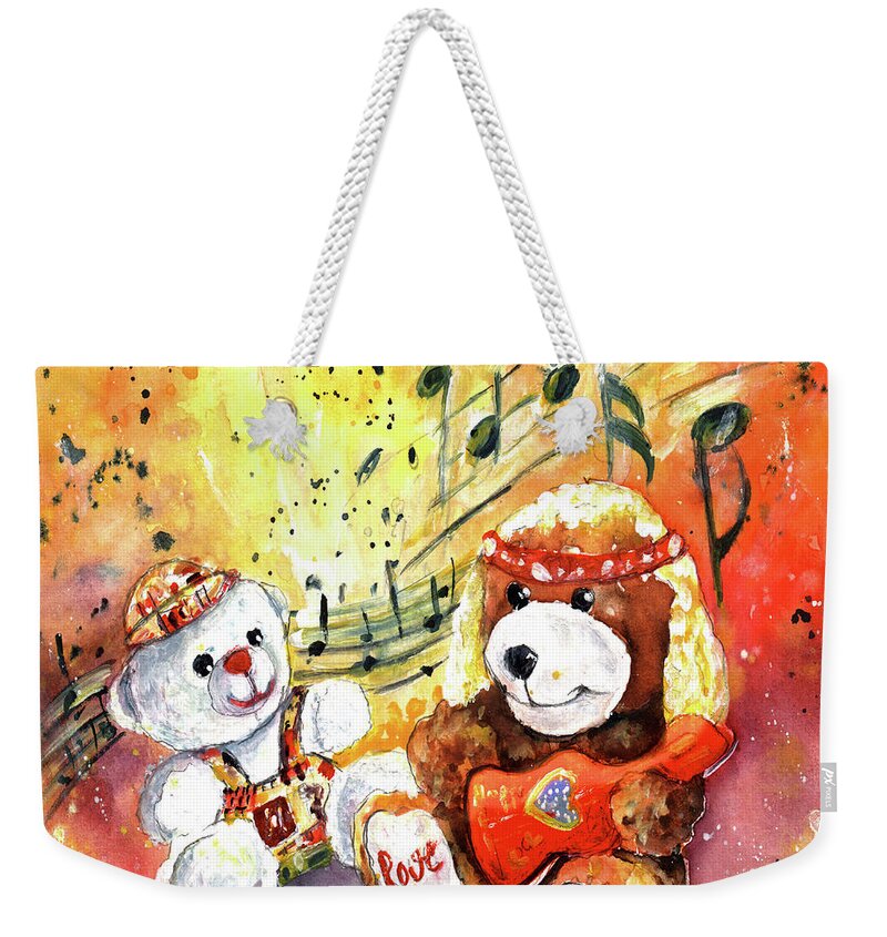 Truffle Mcfurry Weekender Tote Bag featuring the painting Doggy Guitar And His Roadie by Miki De Goodaboom