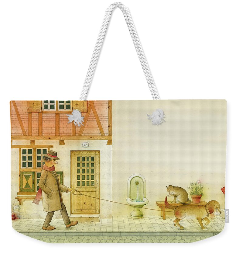 Dog Life City Old Town Street Cat House Illustration Children Book Drawing Animals Weekender Tote Bag featuring the painting Dogs Life10 by Kestutis Kasparavicius