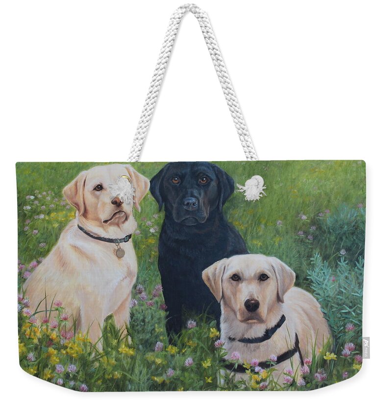 Yellow And Black Labs Weekender Tote Bag featuring the painting Dogs With Wings by Tammy Taylor