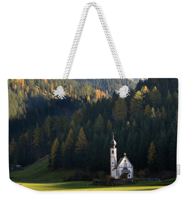 San Giovanni Weekender Tote Bag featuring the photograph Dolomites mountain church by IPics Photography