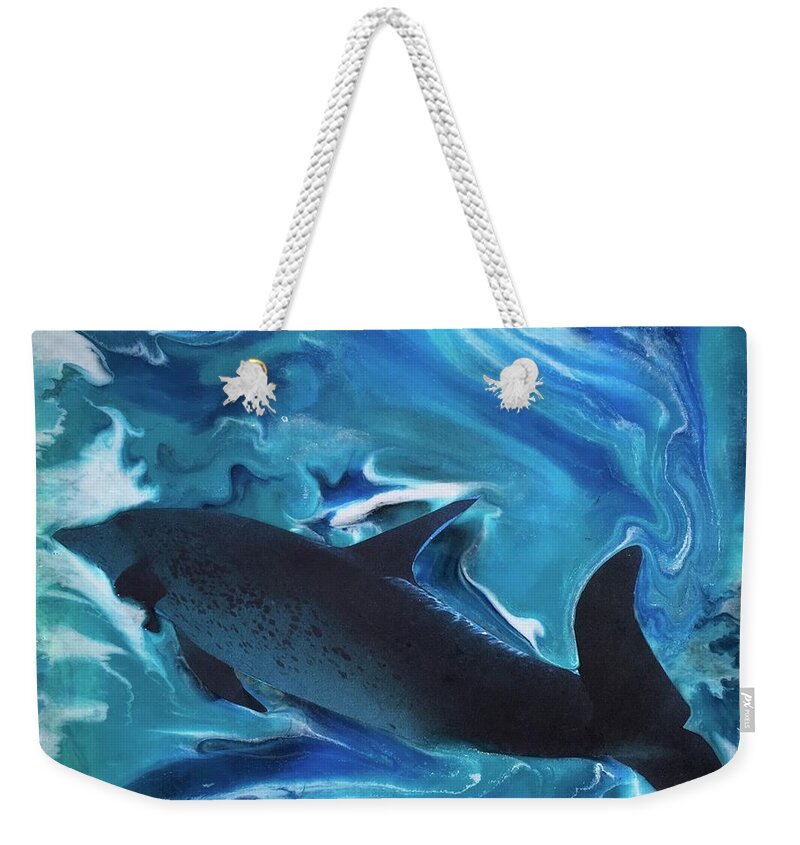 Fish Weekender Tote Bag featuring the painting Dolphin dance by Maria Karlosak