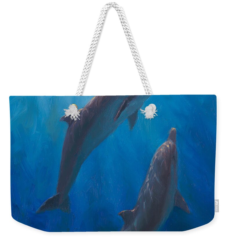Coastal Decor Weekender Tote Bag featuring the painting Dolphin Dance - Underwater Whales - Ocean Art - Coastal Decor by K Whitworth