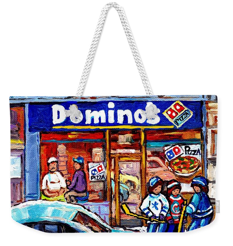 Montreal Weekender Tote Bag featuring the painting Domino's Pizza Montreal Storefront And Restaurant Painting Winter Hockey Scene Carole Spandau Art  by Carole Spandau