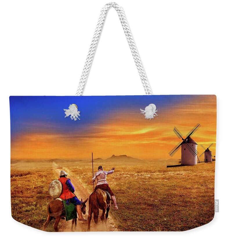 Quixote Weekender Tote Bag featuring the digital art Don Quixote and the Windmills by Charlie Roman