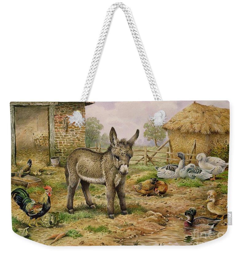 Farmyard Weekender Tote Bag featuring the painting Donkey and Farmyard Fowl by Carl Donner