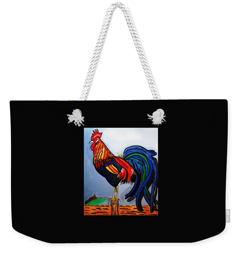 Doodle Dum Weekender Tote Bag featuring the painting Doodle Dum Rooster by Nora Shepley