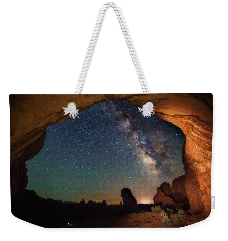 Starry Night Weekender Tote Bag featuring the photograph Double Arch Milky Way Views by Darren White