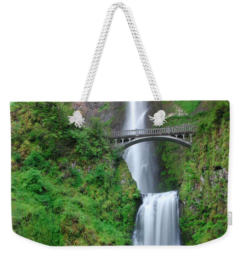 Multnomah Weekender Tote Bag featuring the photograph Double Falls w/Bridge by Ted Keller