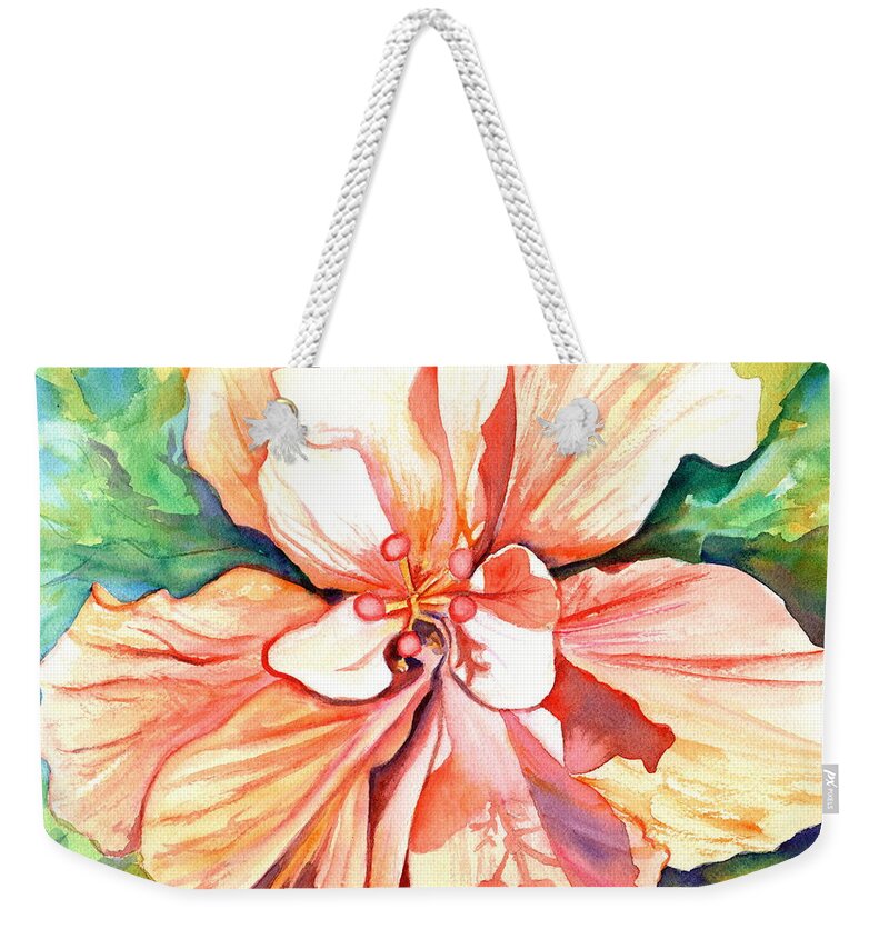 Hibiscus Weekender Tote Bag featuring the painting Double Peach Tropical Hibiscus by Marionette Taboniar