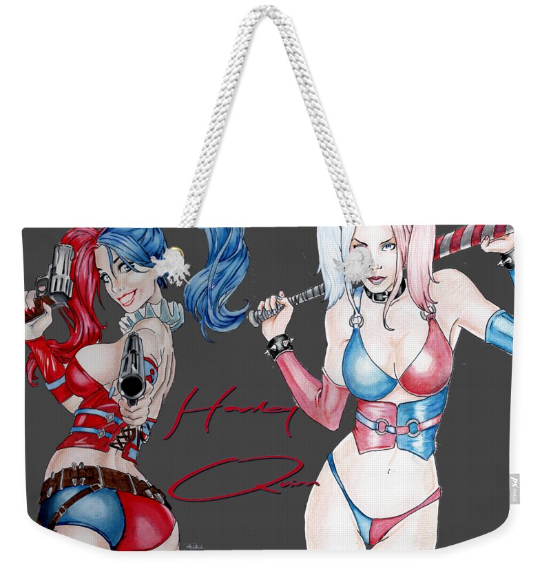 Harley Weekender Tote Bag featuring the drawing Double Trouble by Bill Richards