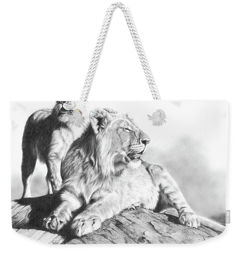Lion Weekender Tote Bag featuring the drawing Double Trouble by Peter Williams