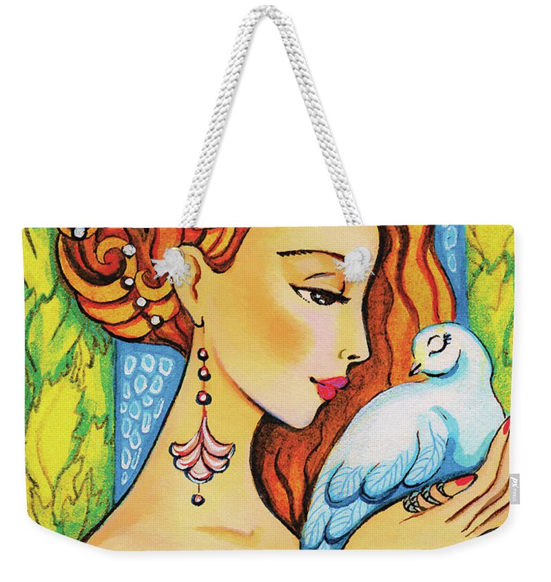 Dove Woman Weekender Tote Bag featuring the painting Dove Whisper by Eva Campbell
