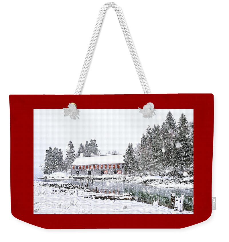 Down East Maine Smokehouse Snowscape Weekender Tote Bag featuring the photograph Down East Maine Smokehouse Snowscape by Marty Saccone