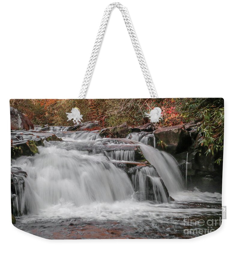 Water Weekender Tote Bag featuring the photograph Downstream Plunge by Tom Claud