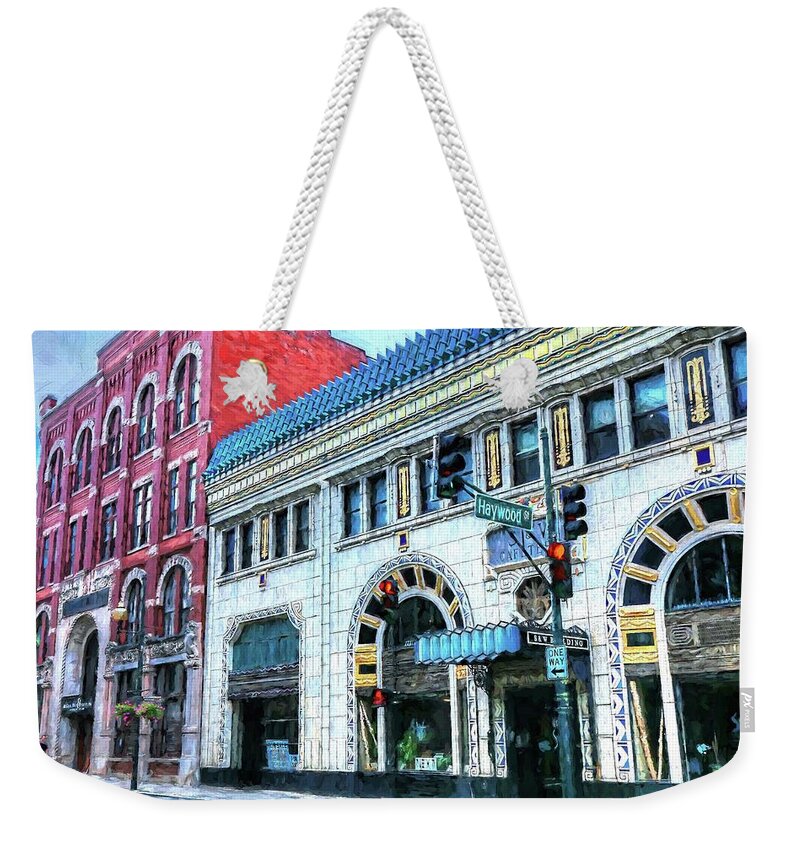 Downtown Asheville City Painted Street Scene Weekender Tote Bag featuring the photograph Downtown Asheville City Street Scene Painted by Carol Montoya