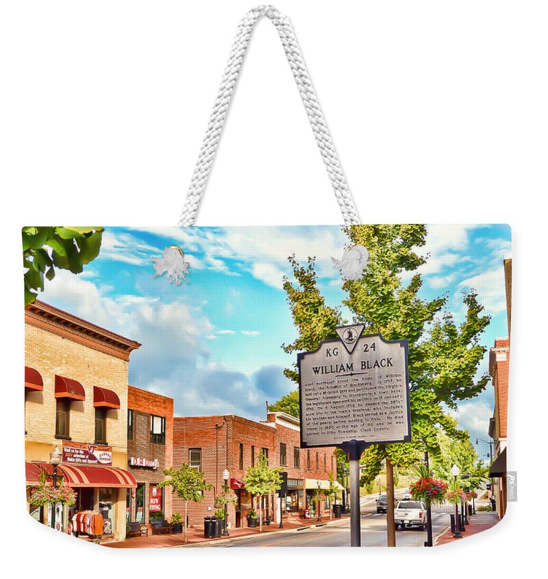 Downtown Blacksburg Virginia Weekender Tote Bag featuring the photograph Downtown Blacksburg with Historical Marker by Kerri Farley