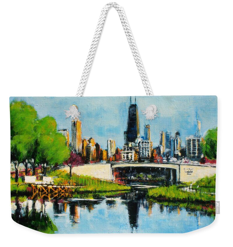 Robert Reeves Weekender Tote Bag featuring the painting Downtown Chicago from Lincoln Park by Robert Reeves