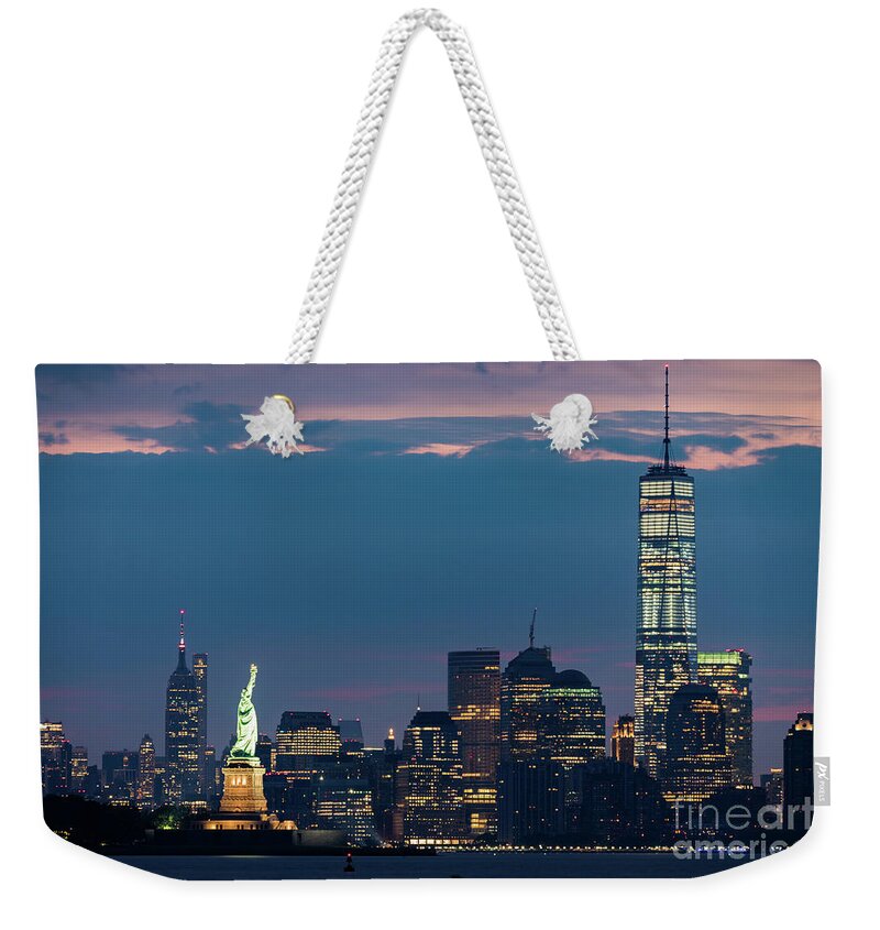 Downtown Manhattan Weekender Tote Bag featuring the photograph Downtown Manhattan at Dawn by Zawhaus Photography