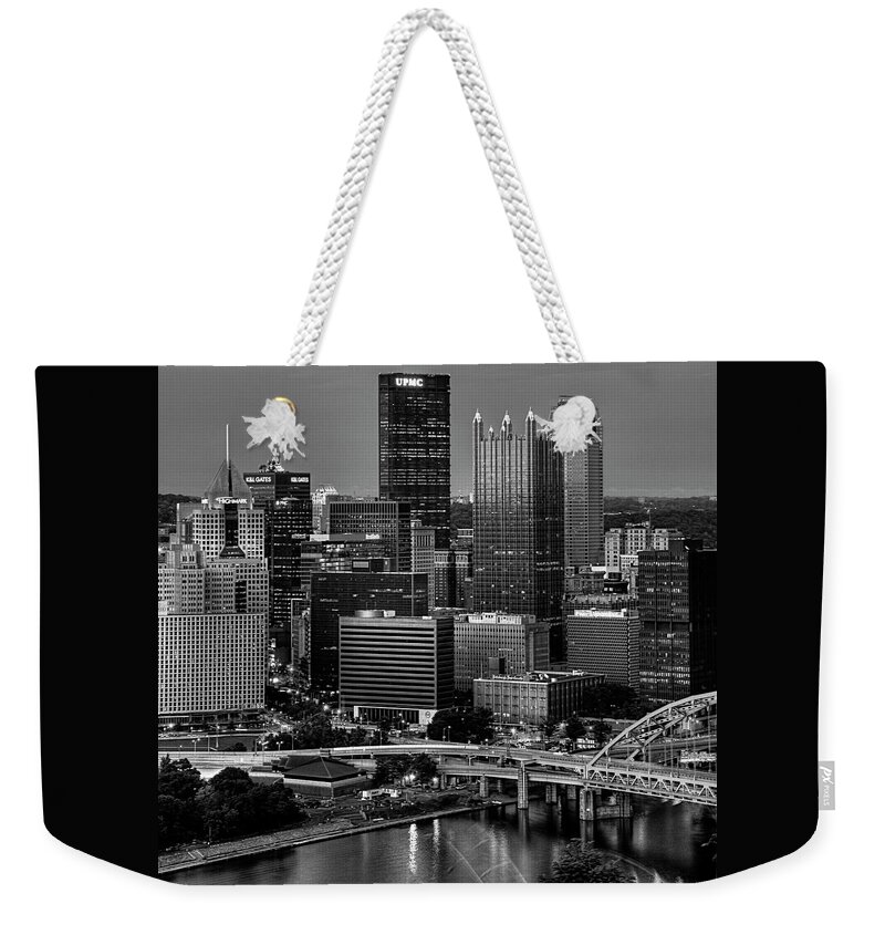 Pittsburgh Weekender Tote Bag featuring the photograph Downtown Pittsburgh at Twilight - Black and White by Mitch Spence
