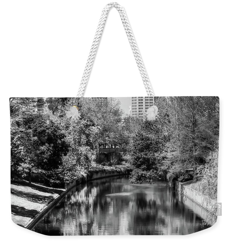 America Weekender Tote Bag featuring the photograph Downtown San Antonio Skyline on the River in Black and White by Gregory Ballos