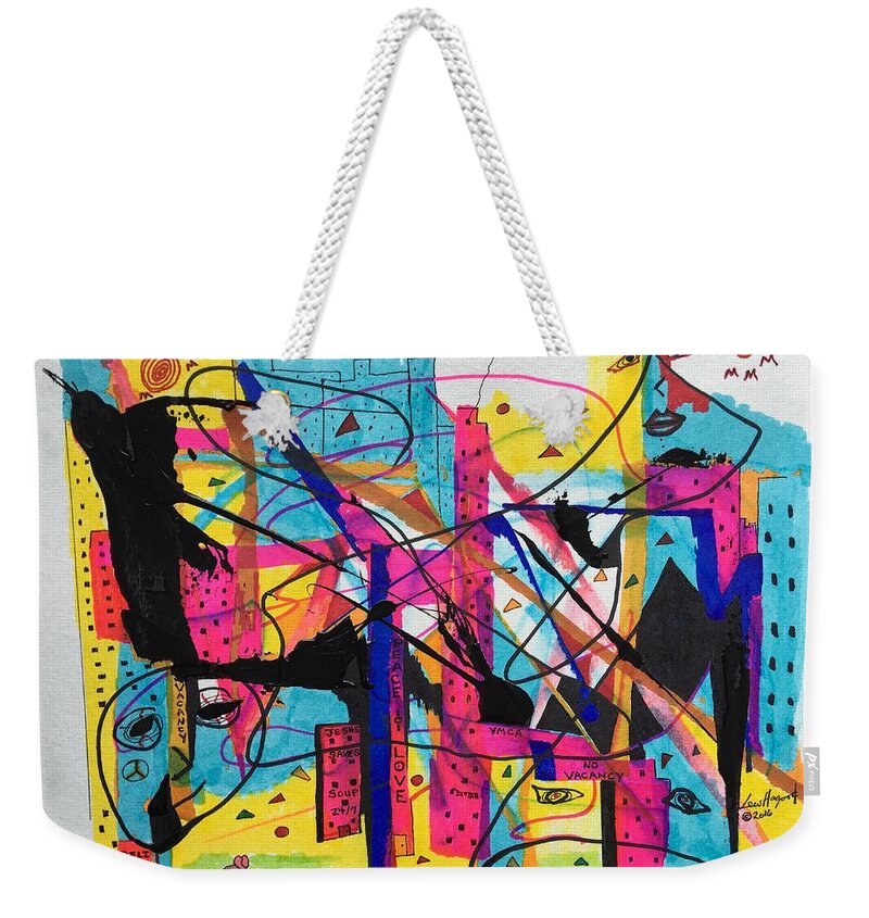 Hagood Weekender Tote Bag featuring the painting Downtown --Where All The Lights Are Bright by Lew Hagood