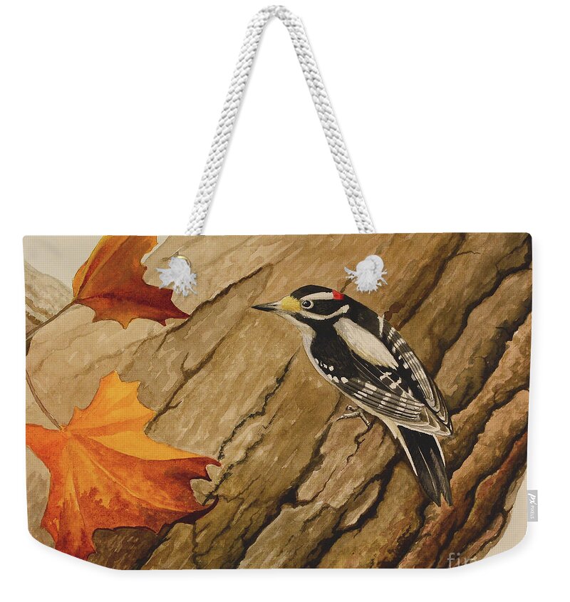 Bird Weekender Tote Bag featuring the painting Downy Woodpecker by Charles Owens