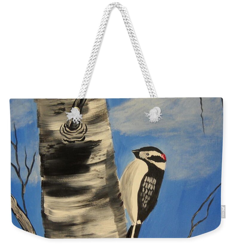 Landscape Weekender Tote Bag featuring the painting Downy Woodpecker by Kathie Camara