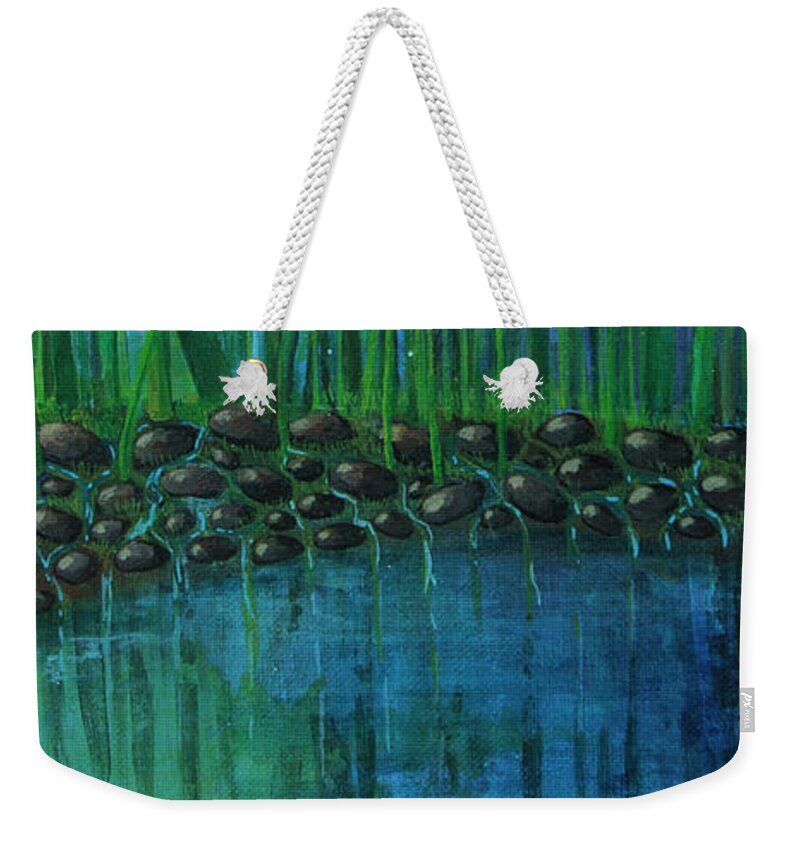 Dragon Fly Weekender Tote Bag featuring the painting Dragonfly at the Bay by Mindy Huntress